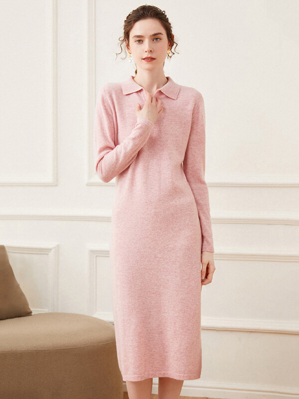 Wool Cashmere Blend Casual Autumn Polo Sweater Dress