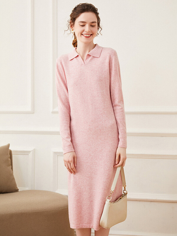 Wool Cashmere Blend Casual Autumn Polo Sweater Dress