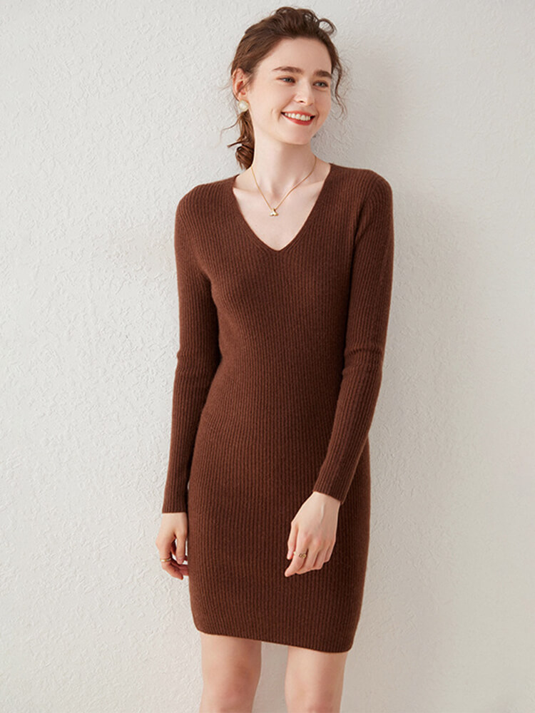 Long Sleeve Slim Fit V-Neck Ribbed Cashmere Knit Dress