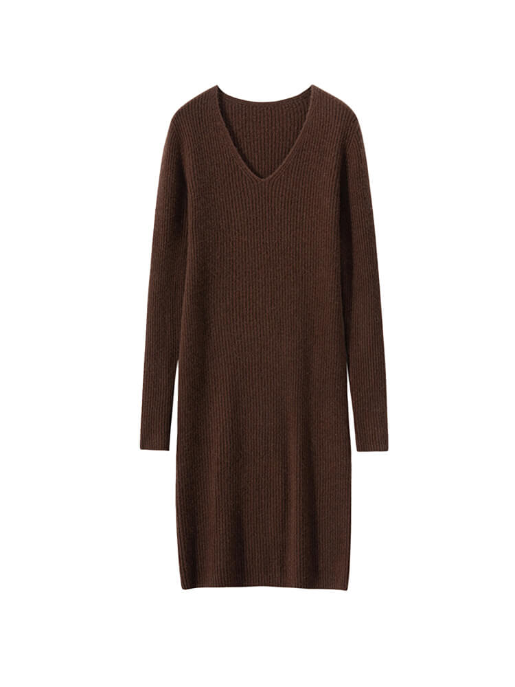 Long Sleeve Slim Fit V-Neck Ribbed Cashmere Knit Dress