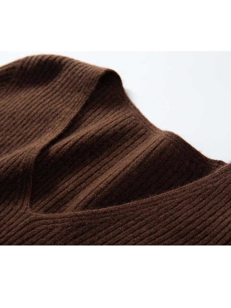 Long Sleeve Slim Fit V-Neck Ribbed Cashmere Knit Dress