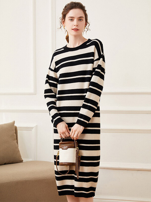 Women's Long Sleeves Shape Wool Cashmere Crewneck Striped Dress
