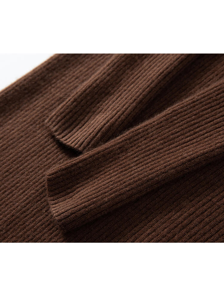 Long Sleeve Slim Fit V-Neck Ribbed Cashmere Knit Dress