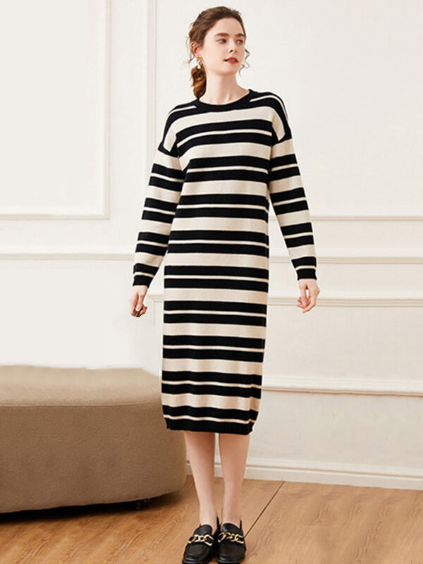 Women's Long Sleeves Shape Wool Cashmere Crewneck Striped Dress