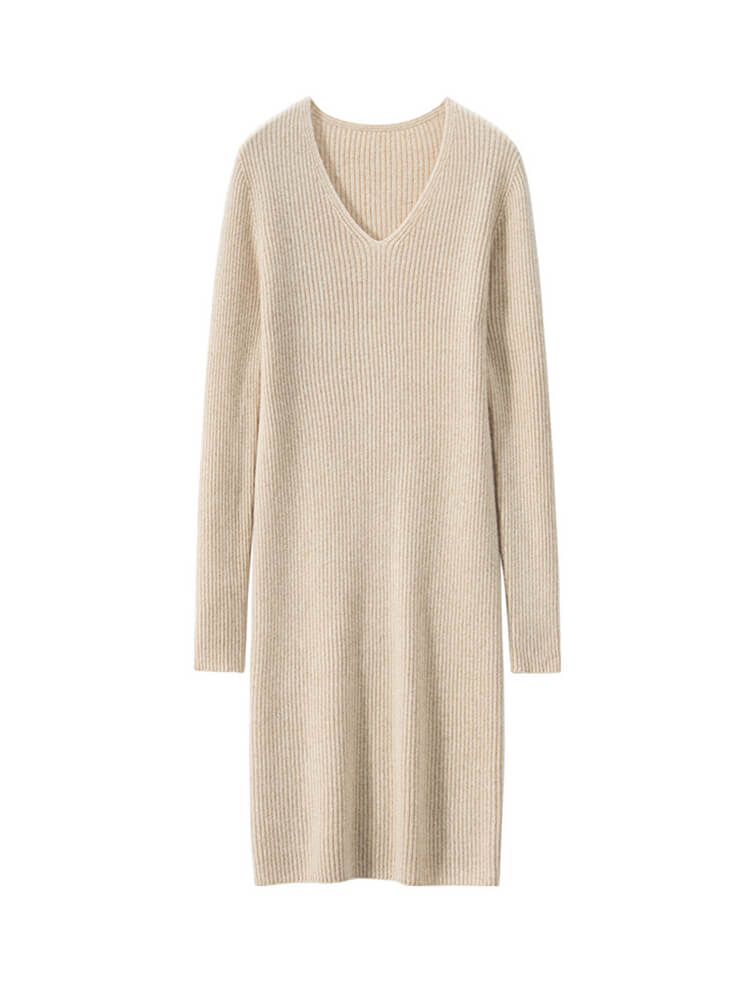 Long Sleeve Slim Fit V-Neck Ribbed Cashmere Knit Dress