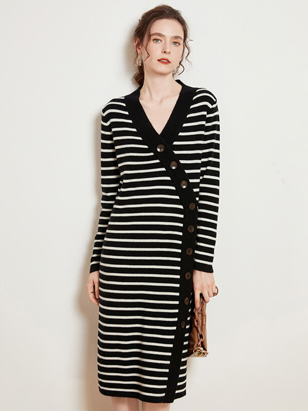 Women\'s Wool Cashmere V-Neck Colorblock Striped Dress