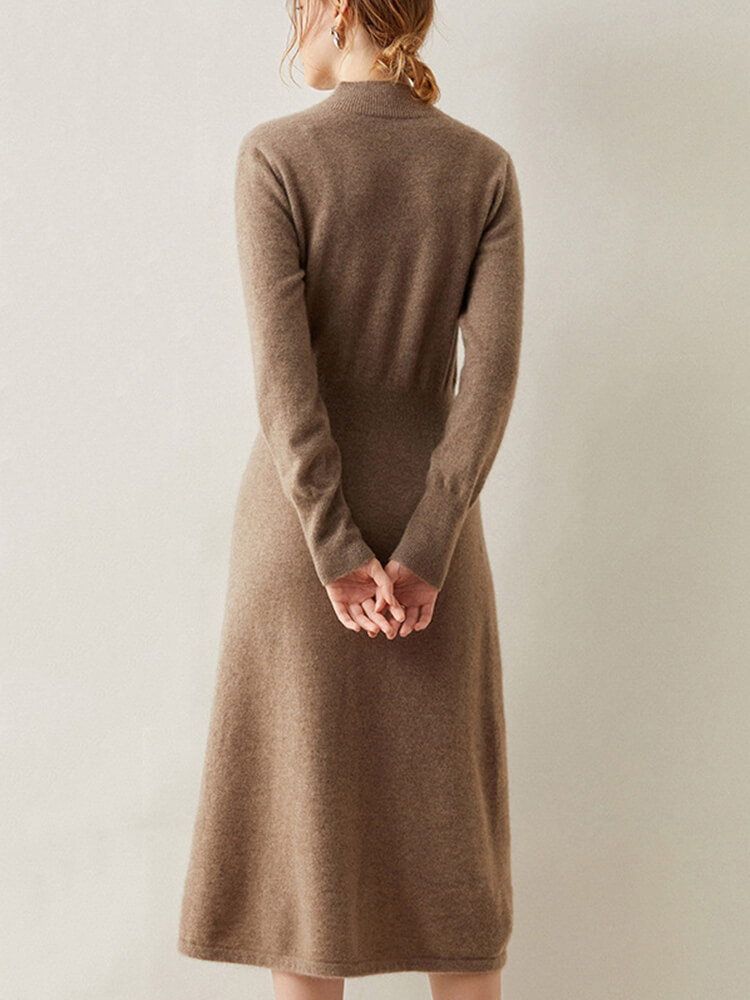 Elegant Mock Neck Long-Sleeve Cashmere Midi Dress