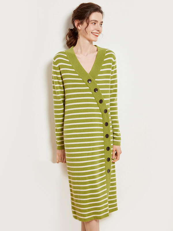 Women's Wool Cashmere V-Neck Colorblock Striped Dress