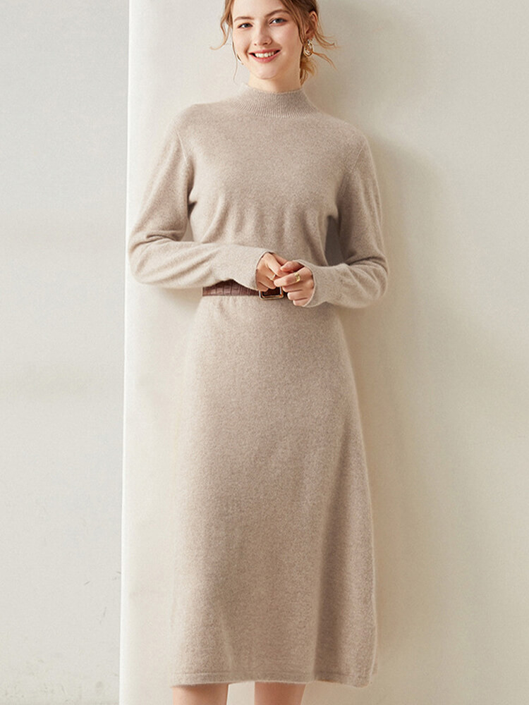Elegant Mock Neck Long-Sleeve Cashmere Midi Dress