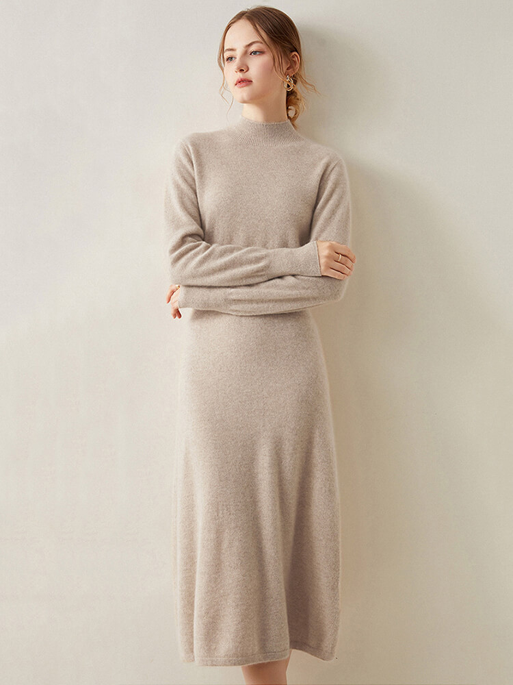 Elegant Mock Neck Long-Sleeve Cashmere Midi Dress