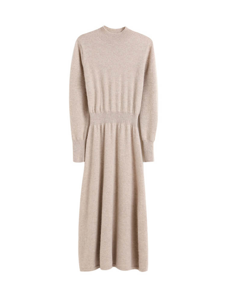 Elegant Mock Neck Long-Sleeve Cashmere Midi Dress