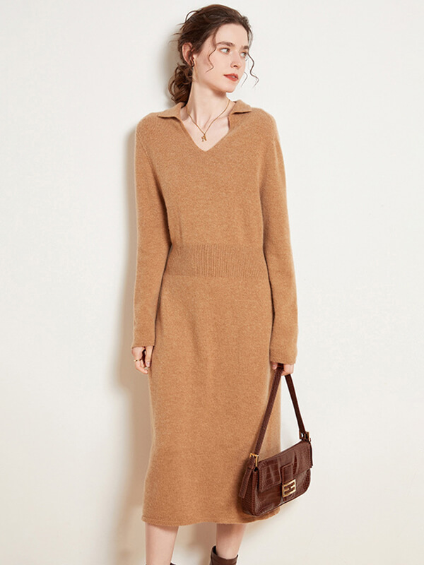 Women\'s Long Sleeve Wool Cashmere V-Neck Polo Sweater Dress