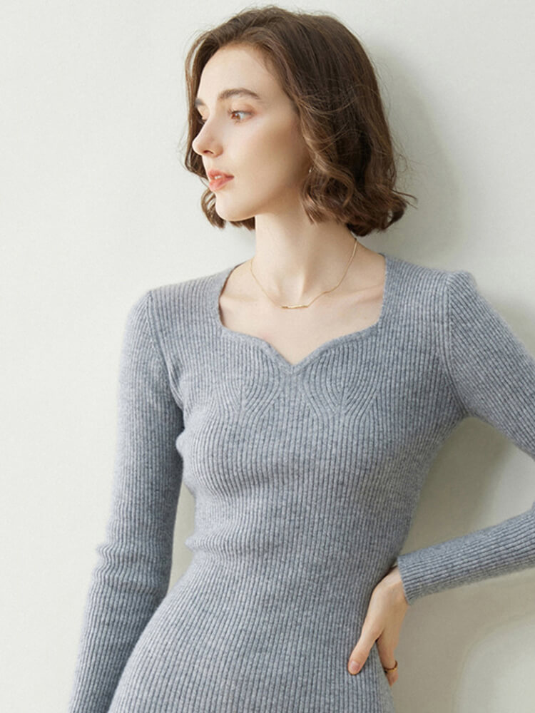 Sweetheart Neckline Long Sleeves Cashmere Ribbed Knit Dress