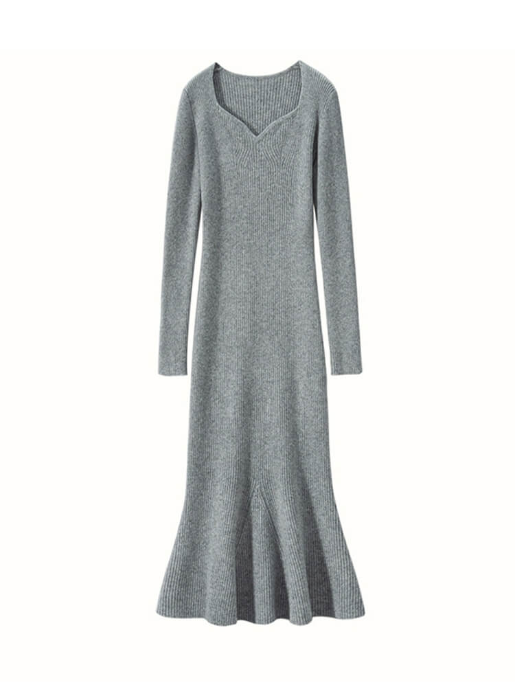 Sweetheart Neckline Long Sleeves Cashmere Ribbed Knit Dress
