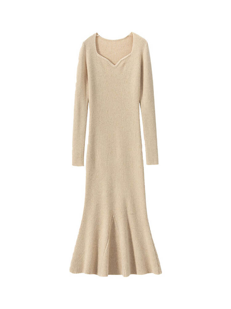 Sweetheart Neckline Long Sleeves Cashmere Ribbed Knit Dress