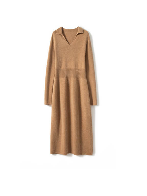 Women's Long Sleeve Wool Cashmere V-Neck Polo Sweater Dress