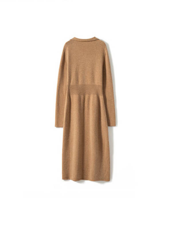 Women's Long Sleeve Wool Cashmere V-Neck Polo Sweater Dress