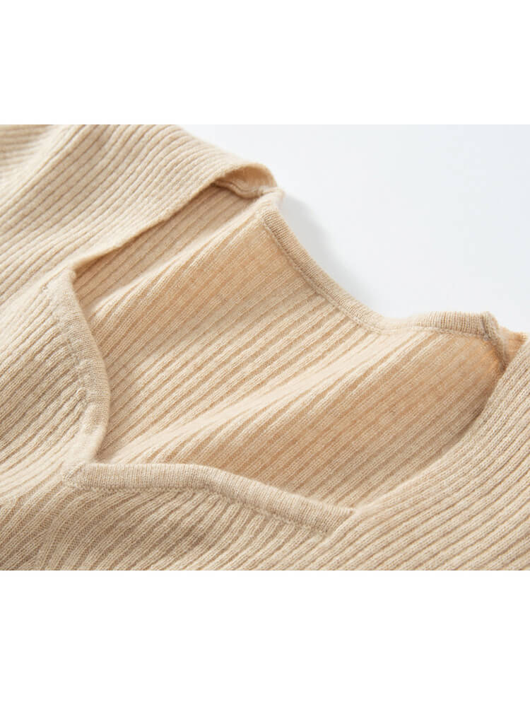 Sweetheart Neckline Long Sleeves Cashmere Ribbed Knit Dress