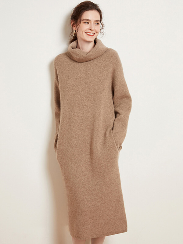 Women's Long Sleeve Wool Cashmere Turtleneck Sweater Dress