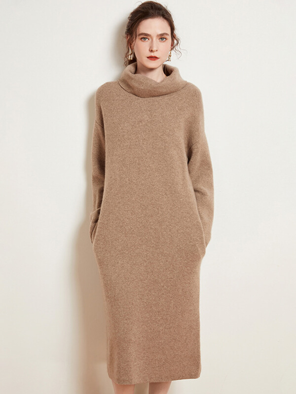 Women Long Sleeve Loose-fit Pure Cashmere Turtleneck Dress