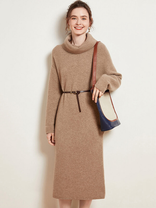Women Long Sleeve Loose-fit Pure Cashmere Turtleneck Dress