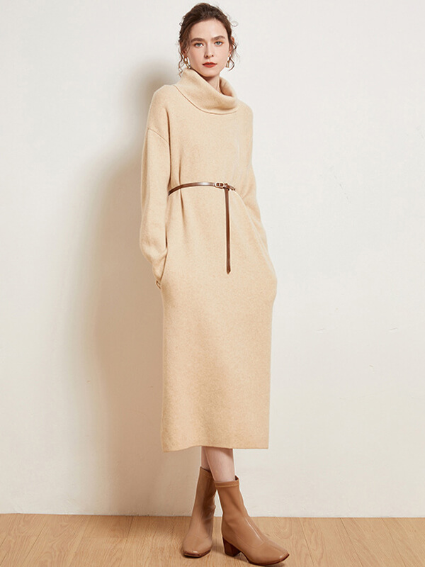 Women Long Sleeve Loose-fit Pure Cashmere Turtleneck Dress
