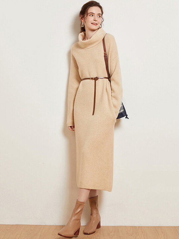 Women Long Sleeve Loose-fit Pure Cashmere Turtleneck Dress