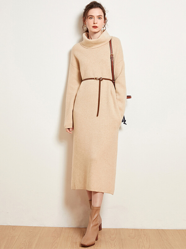 Women Long Sleeve Loose-fit Pure Cashmere Turtleneck Dress