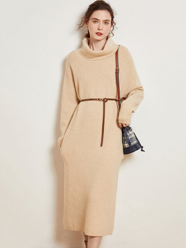 Women Long Sleeve Loose-fit Pure Cashmere Turtleneck Dress