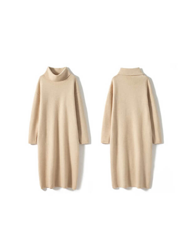 Women Long Sleeve Loose-fit Pure Cashmere Turtleneck Dress
