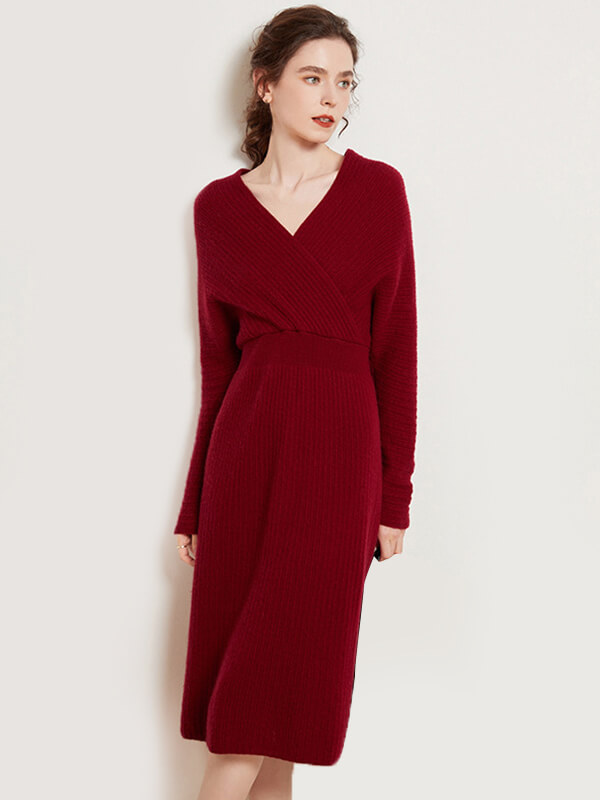 Women's Ribbed Long Sleeve Wool Cashmere V-Neck Wrap Dress