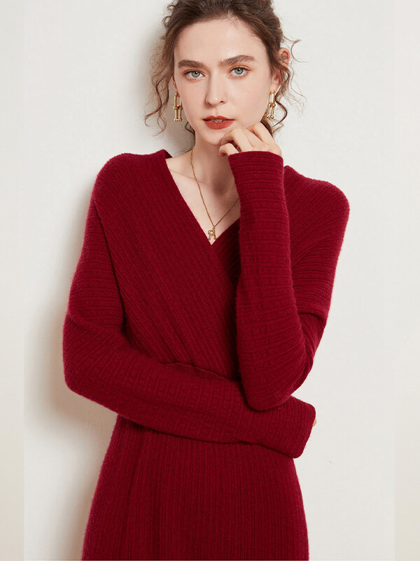 Sexy Ribbed Cashmere Blend Long Sleeve Wrap Dress for Women