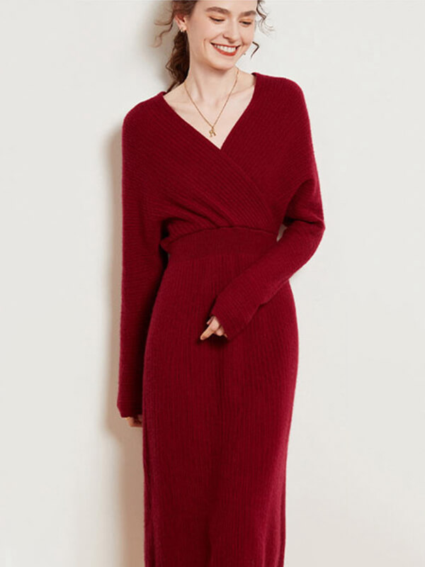 Sexy Ribbed Cashmere Blend Long Sleeve Wrap Dress for Women