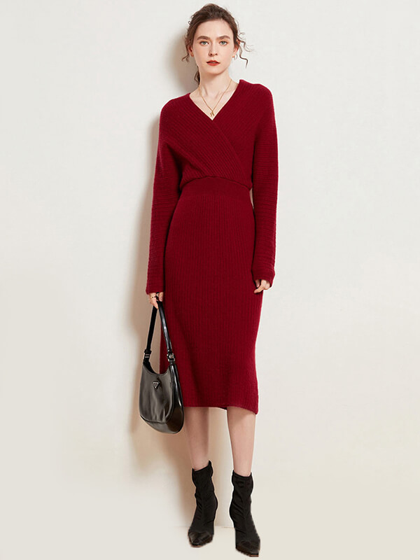 Sexy Ribbed Cashmere Blend Long Sleeve Wrap Dress for Women