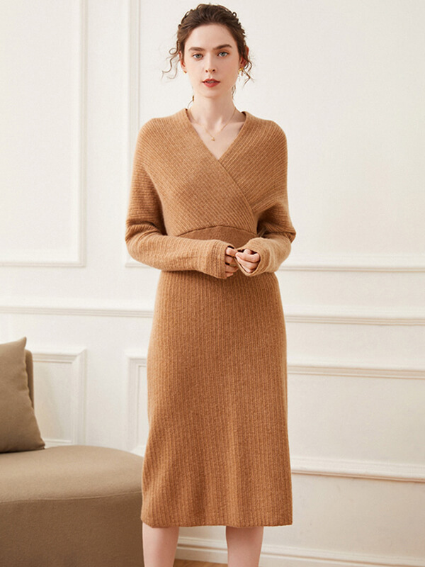 Sexy Ribbed Cashmere Blend Long Sleeve Wrap Dress for Women