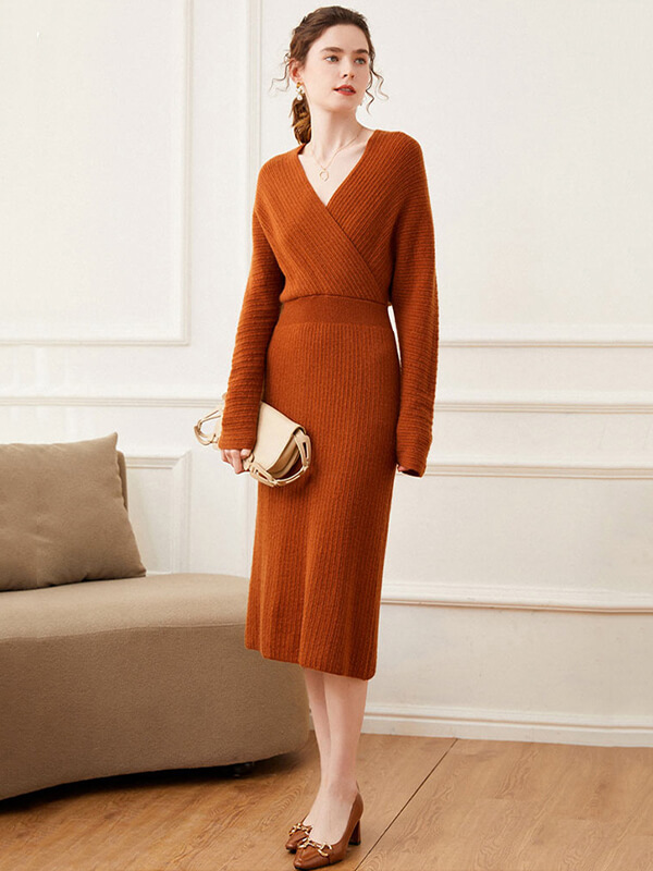 Sexy Ribbed Cashmere Blend Long Sleeve Wrap Dress for Women