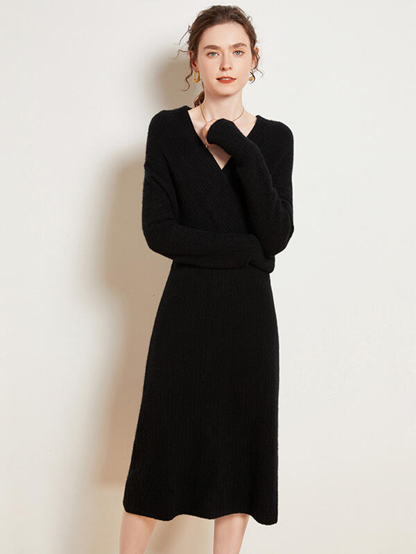 Women's Ribbed Long Sleeve Wool Cashmere V-Neck Wrap Dress