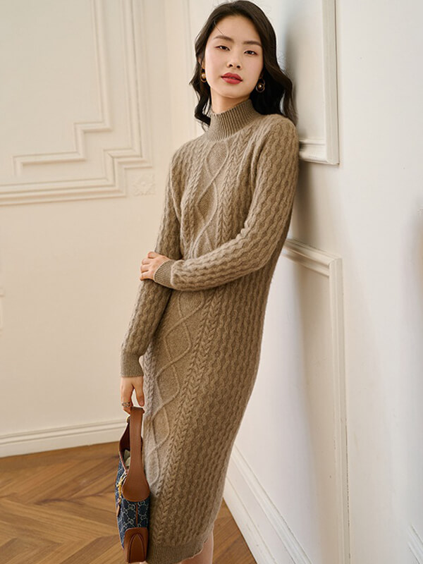 Luxurious Cable-Knit Women Mock Neck Cashmere Sweater Dress