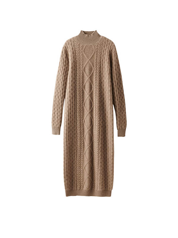 Luxurious Cable-Knit Women Mock Neck Cashmere Sweater Dress