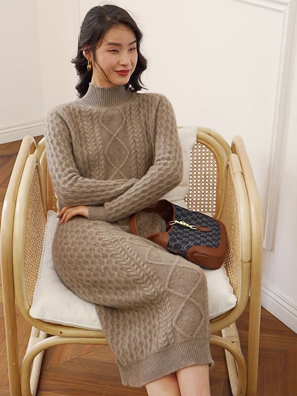 Luxurious Cable-Knit Women Mock Neck Cashmere Sweater Dress