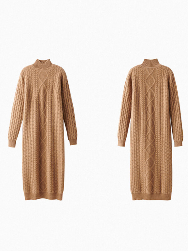 Luxurious Cable-Knit Women Mock Neck Cashmere Sweater Dress