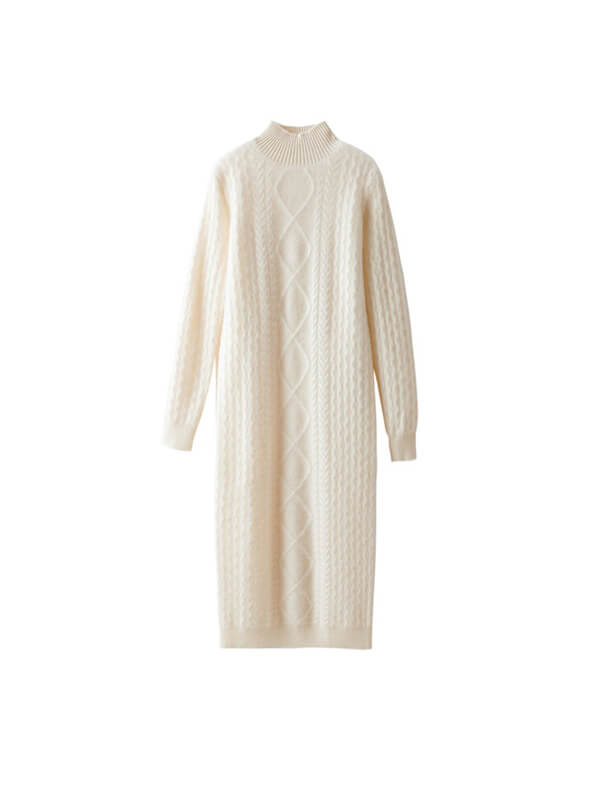 Luxurious Cable-Knit Women Mock Neck Cashmere Sweater Dress