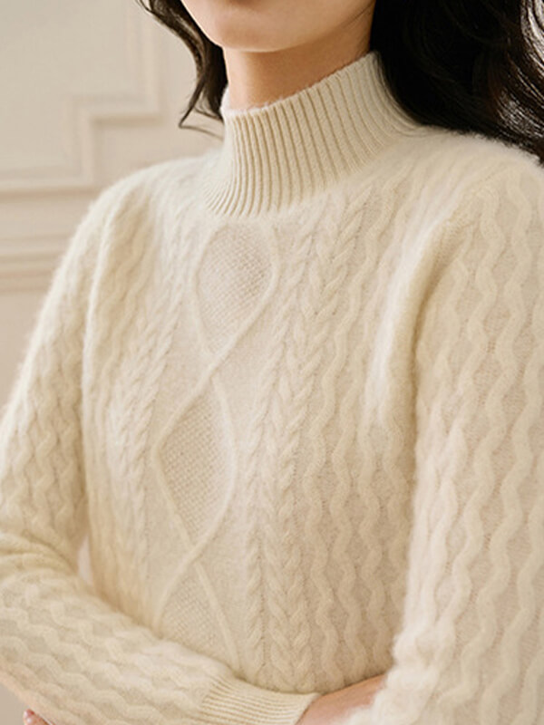 Luxurious Cable-Knit Women Mock Neck Cashmere Sweater Dress