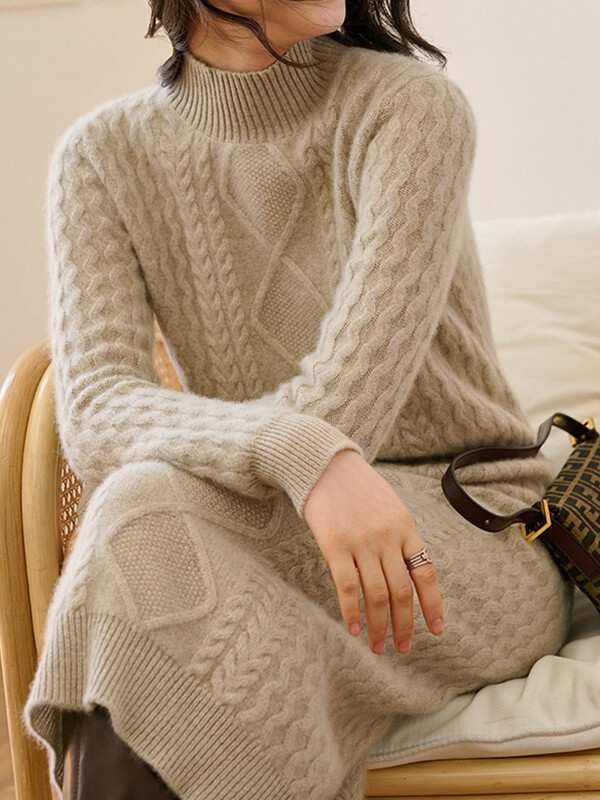 Luxurious Cable-Knit Women Mock Neck Cashmere Sweater Dress