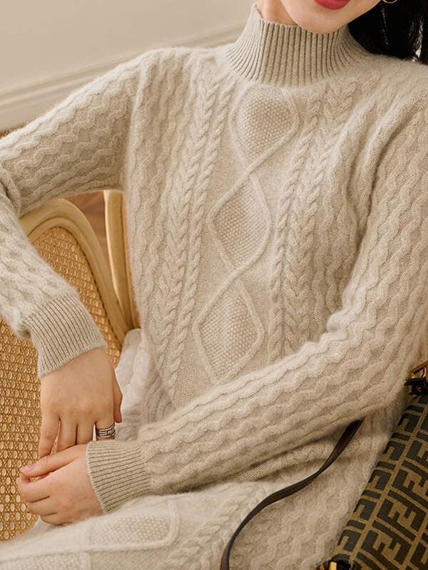 Luxurious Cable-Knit Women Mock Neck Cashmere Sweater Dress