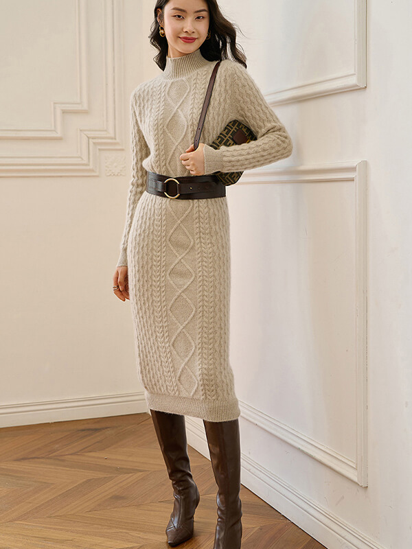 Luxurious Cable-Knit Women Mock Neck Cashmere Sweater Dress