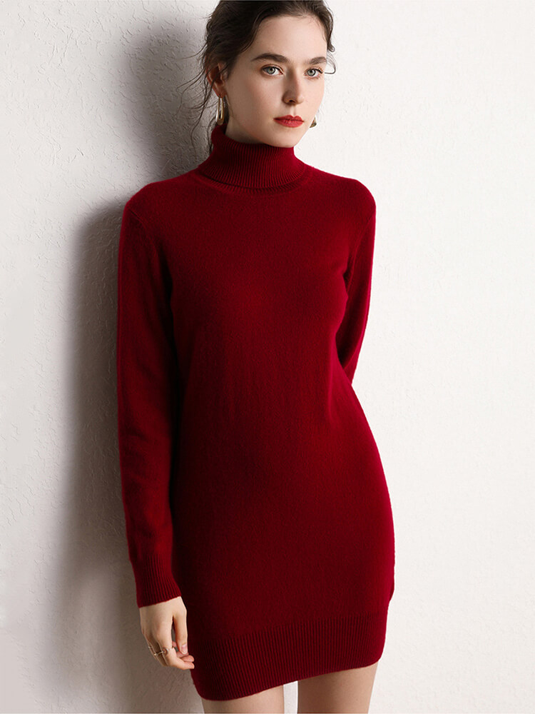 Sleek Long-Sleeve Turtleneck Cashmere Mini Dress