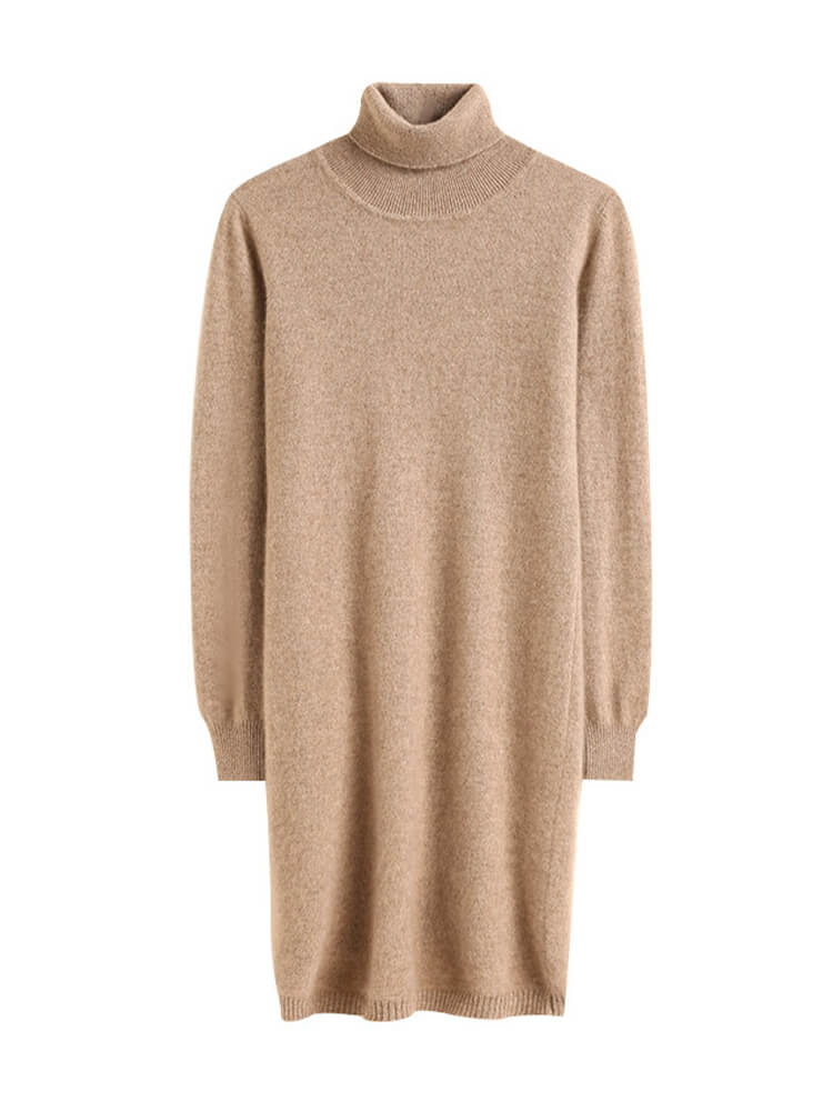 Sleek Long-Sleeve Turtleneck Cashmere Mini Dress