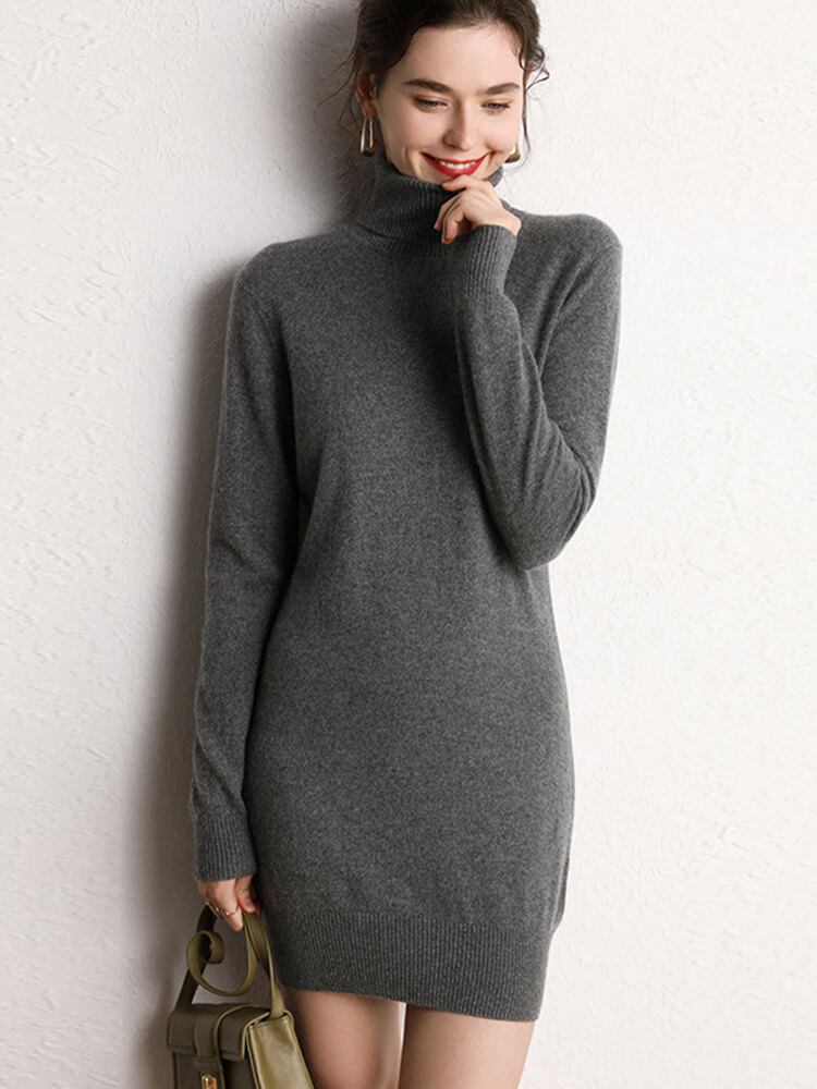 Sleek Long-Sleeve Turtleneck Cashmere Mini Dress