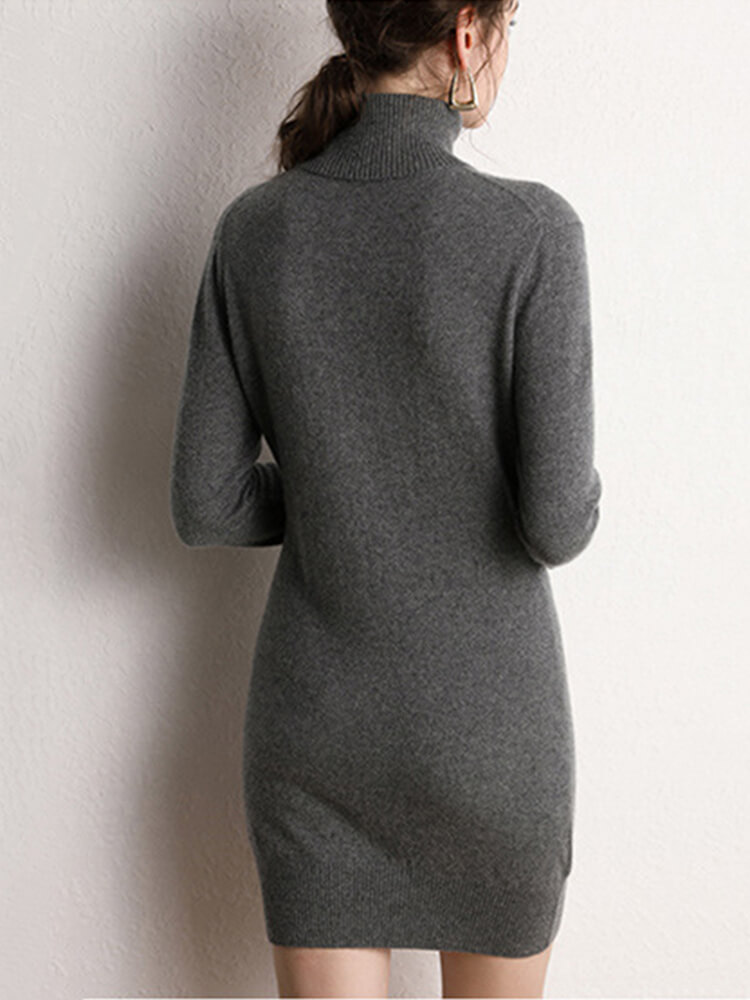 Sleek Long-Sleeve Turtleneck Cashmere Mini Dress
